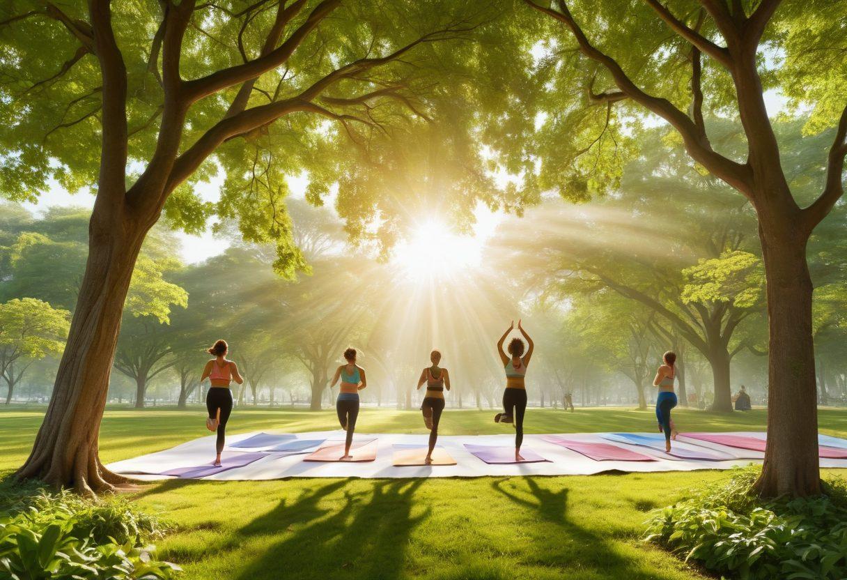 A dynamic illustration showcasing diverse individuals enjoying life in various situations, symbolizing health and well-being. Include visual elements representing health, life, and financial security, such as a tree with healthy leaves and flowing streams. Use vibrant colors to evoke positivity, with abstract representations of tailored insurance policies in the background. This scene should convey empowerment and protection. super-realistic. vibrant colors.