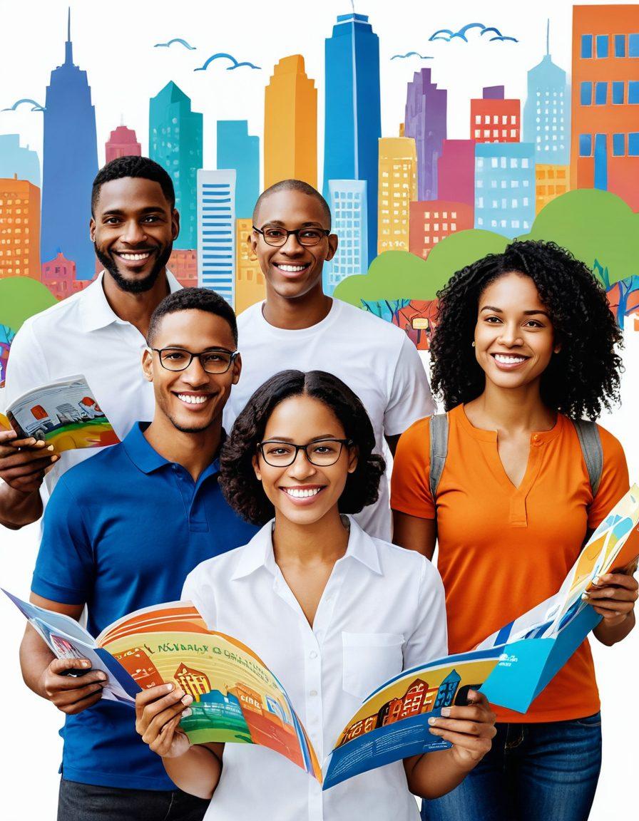 A diverse group of people happily exploring various affordable insurance options from Bajoo, with colorful brochures in hand. In the background, a stylized cityscape representing different needs such as health, travel, and home insurance, all interconnected with vibrant lines symbolizing coverage. Bright and inviting colors to evoke a sense of security and opportunity. super-realistic. vibrant colors. white background.