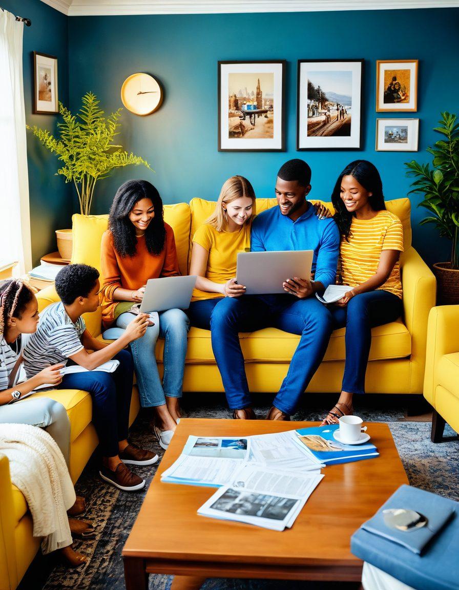A cozy living room scene with a diverse family happily reviewing insurance plans together, surrounded by documents and a laptop. The room is adorned with bright, welcoming colors, showcasing pictures of travel and home, symbolizing peace of mind. Infuse the image with a feeling of warmth and security, emphasizing affordability. super-realistic. vibrant colors. cozy atmosphere.